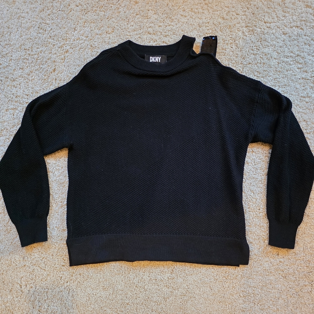 DKNY Knit Crewneck Sweater With Cold Shoulder Sequin Accent